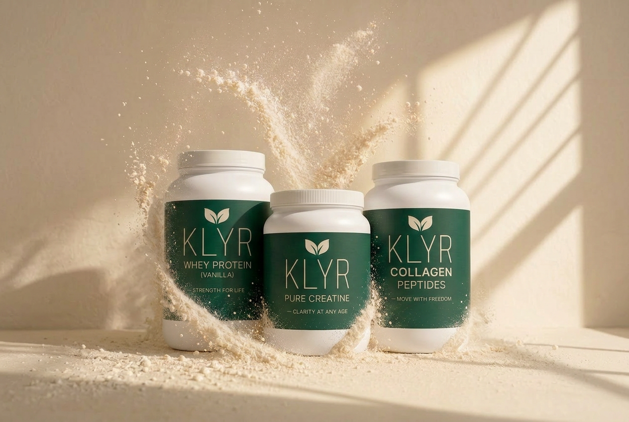 Three KLYR tubs — whey isolate, creatine, collagen — surrounded by a soft whoosh of powder